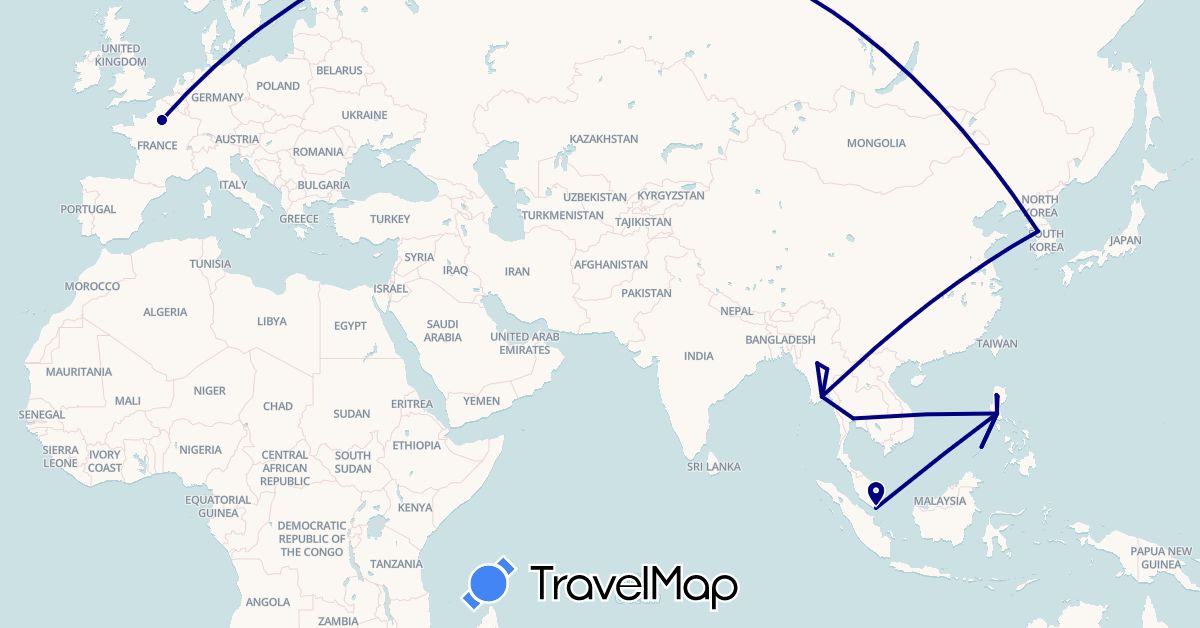 TravelMap itinerary: driving in France, South Korea, Myanmar (Burma), Philippines, Singapore, Thailand (Asia, Europe)